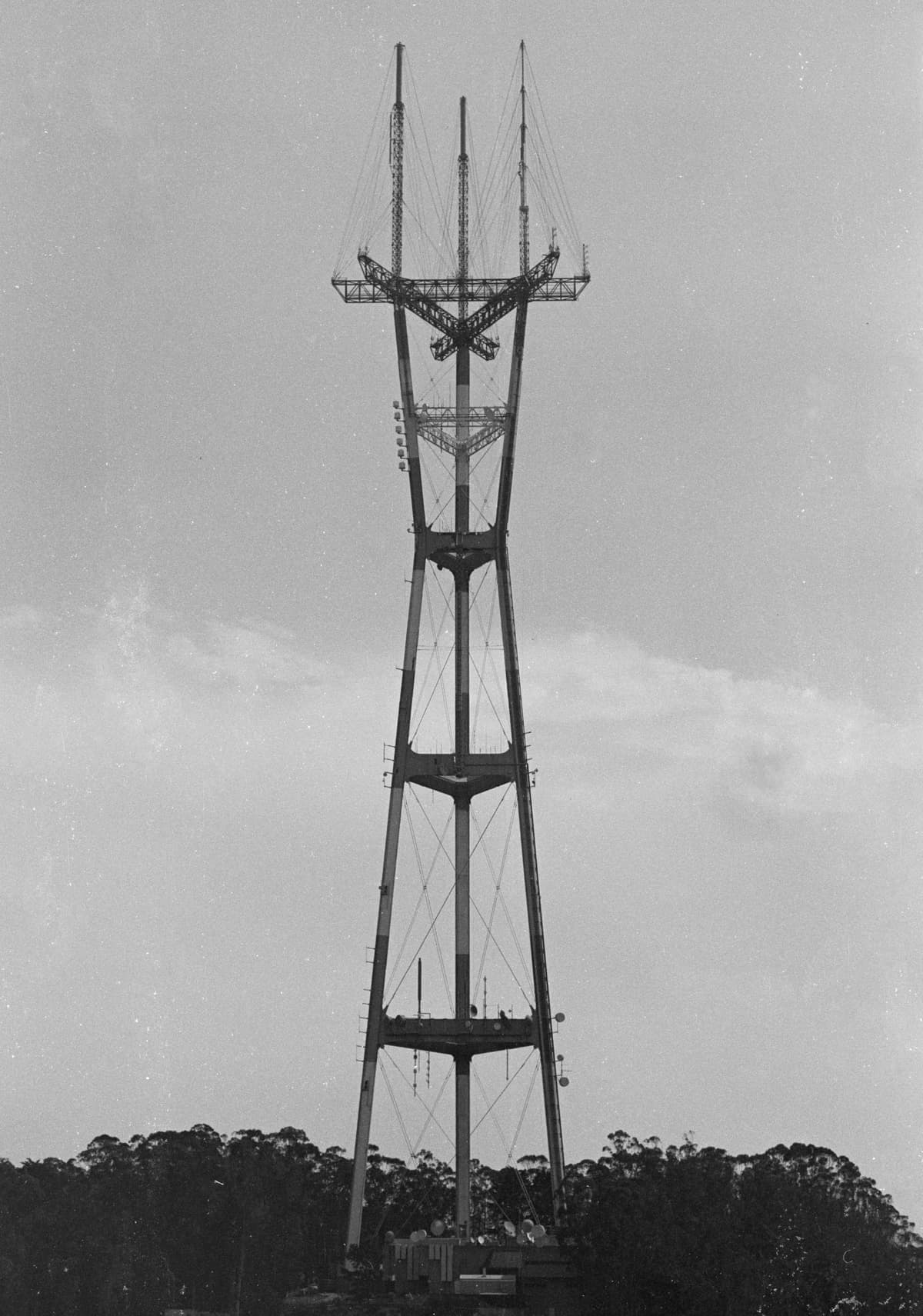 a film photograph of sutro tower in black and white